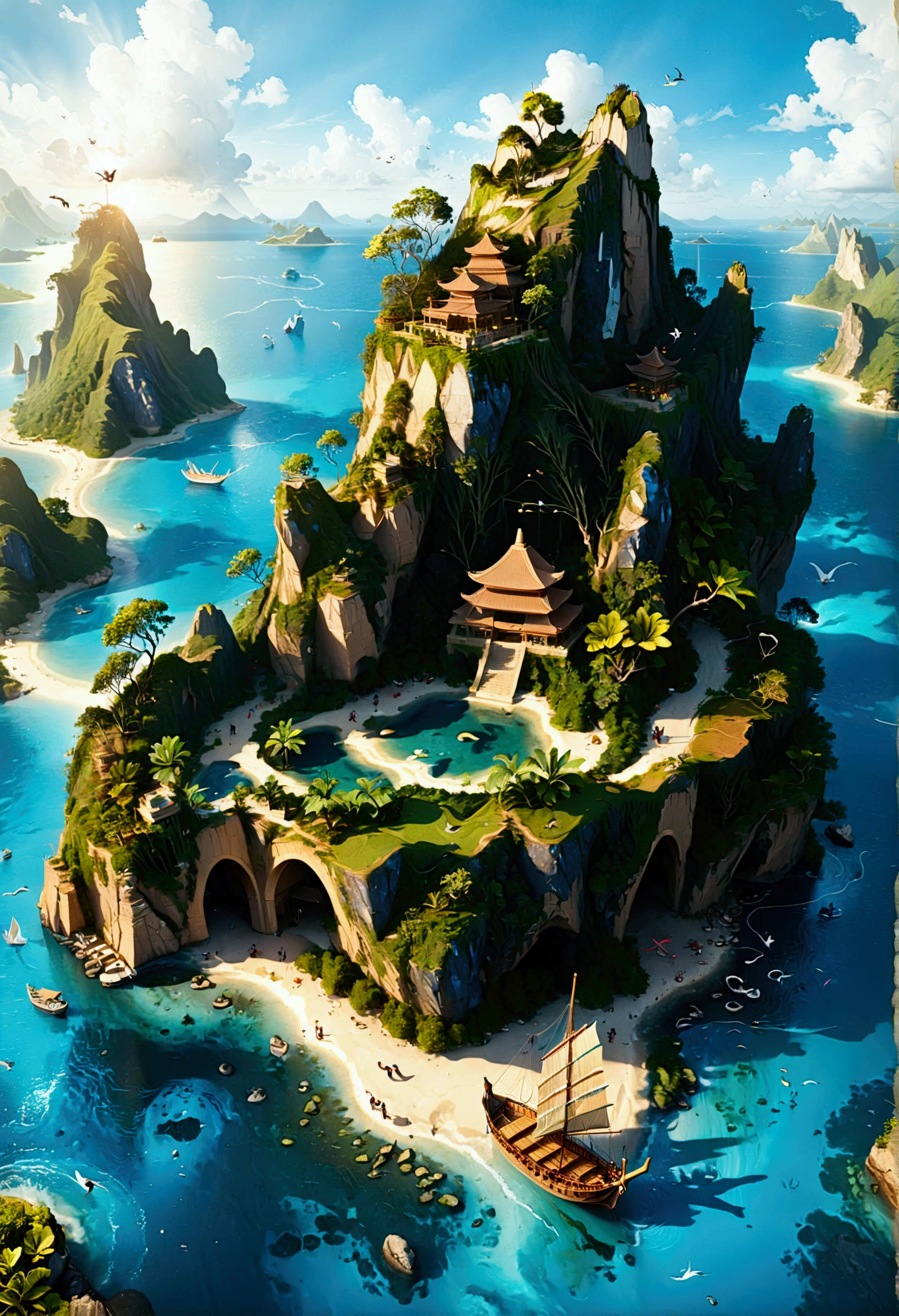 (Bird&#39;s eye view:1.5)，An ancient treasure map，Horizon leading to an exotic island。The island is covered with lush tropical vegetation、Mysterious ancient buildings and a towering mountain。This is an obvious destination for daring explorers。The sky is dotted with birds，There&#39;s a sense of adventure in the air，The boundless blue sea is inhabited by various marine creatures.。A wooden boat with an elegant sail awaits in the nearby bay.，Prepare to start a cross-sea journey。