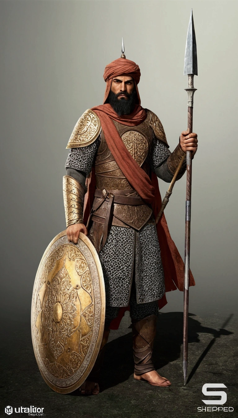 sharpened man with shield and spear, persian warrior, with tattered clothes: ultra realistic and detailed image