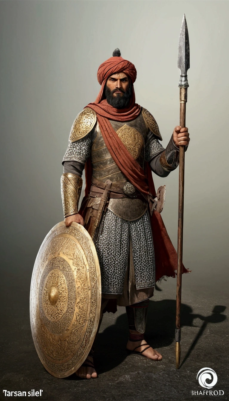 sharpened man with shield and spear, persian warrior, with tattered clothes: ultra realistic and detailed image