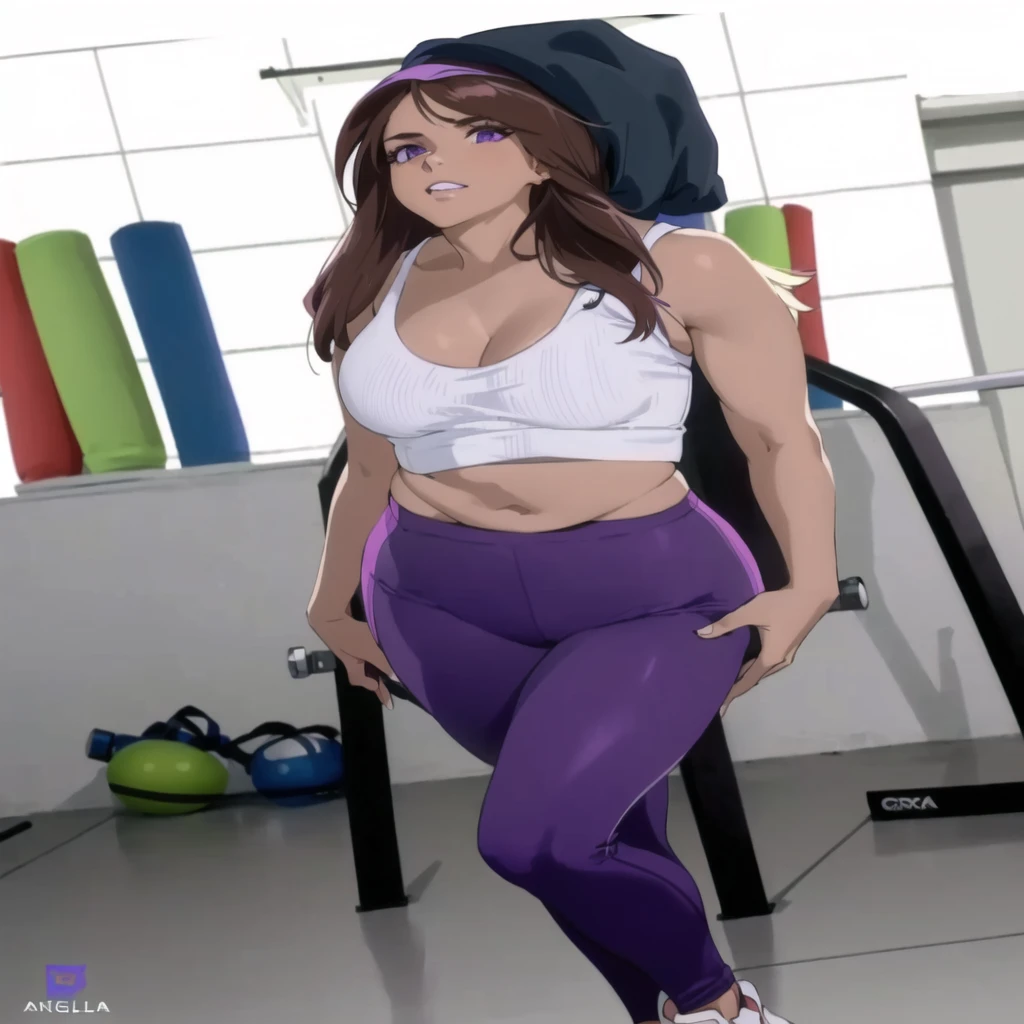 Arafed woman wearing a white top and purple pants posing for a photo., violet tight tanktop, tight attire, purple cap, in a gym, grace alexa, purple jumpers with leggings, annoy, tight, Angela Blanco, two piece sportswear, using fitness equipment, tight outfit, Brown hair