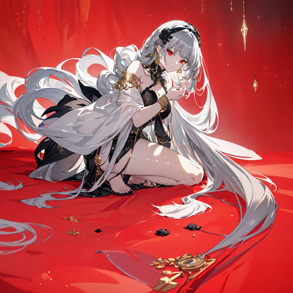 8k,High resolution RAW color art, Anime Art,Silver Marble Skin, (((Highly detailed elegant))), Detailed skin, texture,(Exquisitely crafted, The finer details, Ultra-detailed art), (((1 girl))), Depth of written boundary, Silky Touch, Hyper Detail, (((Cool face))), eye shadow、Armed women, Beautiful detailed red eyes, Beautiful lip detail, Highly detailed face, Delicate depiction of hair and eyes, Detailed Fashion, Golden Earrings,Full body depiction, Black half-top bra、Black shorts、Waist Cloak、black tights、Golden decoration, Gray Hair, Golden bracelet, Straight Hair、(((Hair)))、ice flower、moonlight、Calm background、(((Black theme)))、snow、Side view、Kneeling