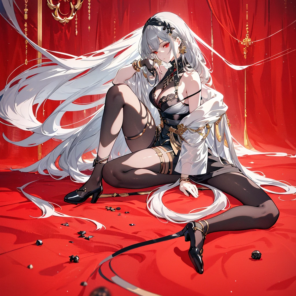 8k,High resolution RAW color art, Anime Art,Silver Marble Skin, (((Highly detailed elegant))), Detailed skin, texture,(Exquisitely crafted, The finer details, Ultra-detailed art), (((1 girl))), Depth of written boundary, Silky Touch, Hyper Detail, (((Cool face))), eye shadow、Armed women, Beautiful detailed red eyes, Beautiful lip detail, Highly detailed face, Delicate depiction of hair and eyes, Detailed Fashion, Golden Earrings,Full body depiction, Black half-top bra、Black shorts、Waist Cloak、black tights、Golden decoration, Gray Hair, Golden bracelet, Straight Hair、(((Hair)))、ice flower、moonlight、Calm background、(((Black theme)))、snow、Side view、Kneeling
