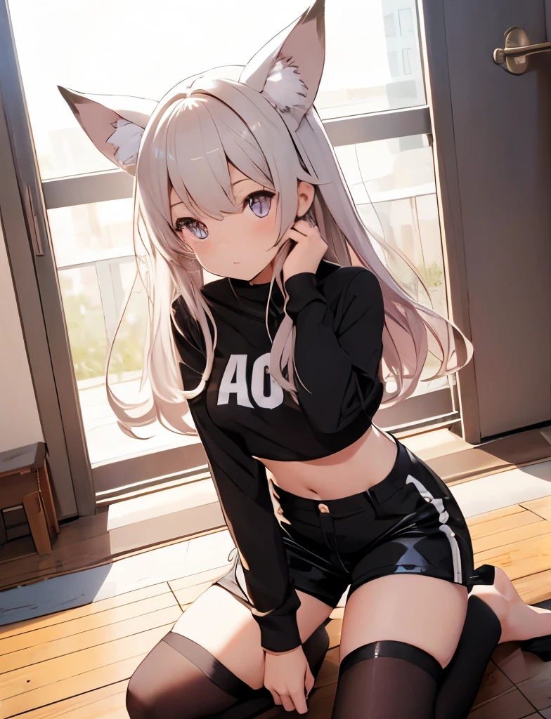 Anime girl with dog ears kneeling on the floor looking up at viewer with wide eyes, crop top, shorts,