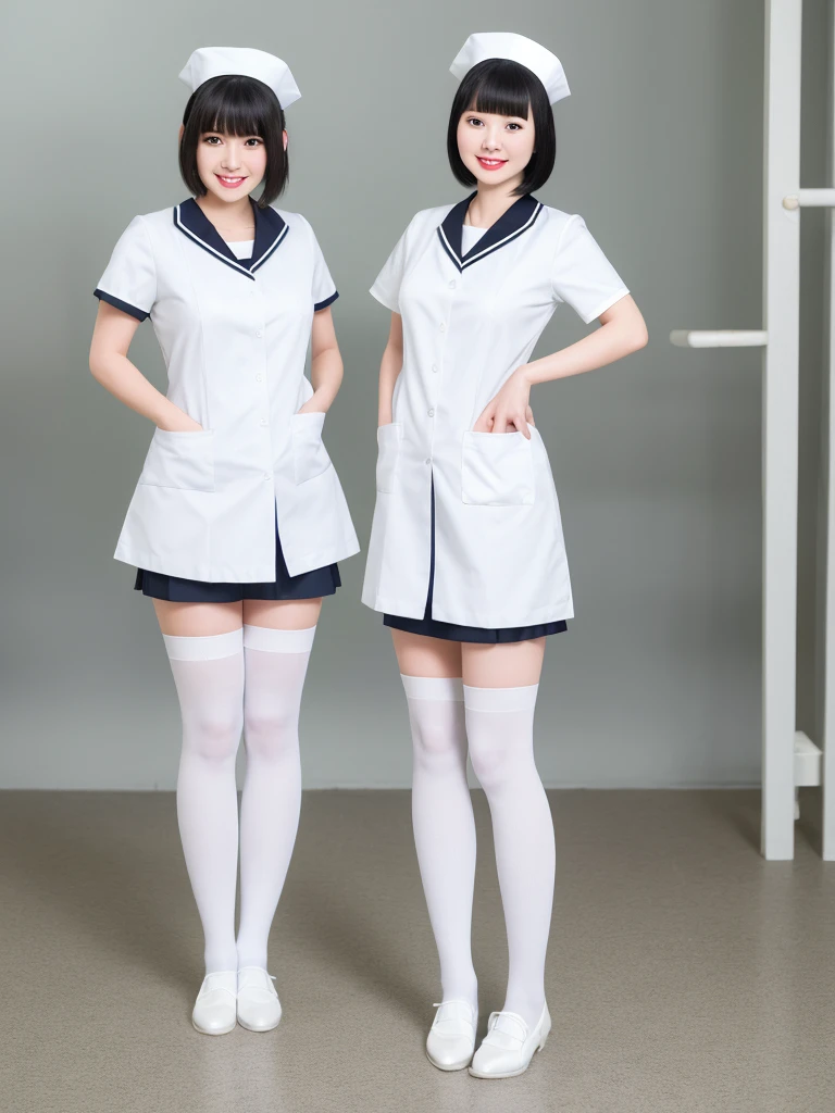 White knee-high socks、White nurse uniform、White pumps、Japanese women、whole body、Black Hair、short hair、Standing posture、smile、One girl, High resolution, Gaze, Anatomically correct, Highest quality、Age 25