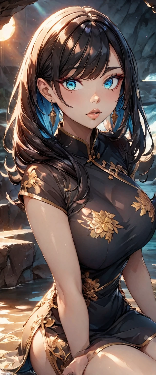 Photo of a woman with natural skin, Upper Body, Seaside cave, The light is shining in, High Twintails, Black hair with red mesh, Sharp eyes with red eyeshadow, Blue-green eyes, Shining eyes, A thin, upturned nose, Well-shaped lips, Big Breasts, ((China dress, Short sleeve)), barefoot, Makeup, Exquisitely crafted with the utmost attention to detail, Vibrant, amazing, Smooth, Cinematic, 4K, Backlight, (()), Shallow depth of field, ((Detailed eyes:1.3, Detailed lips:1.3, high quality, )), masterpiece, Super detailed images, High quality