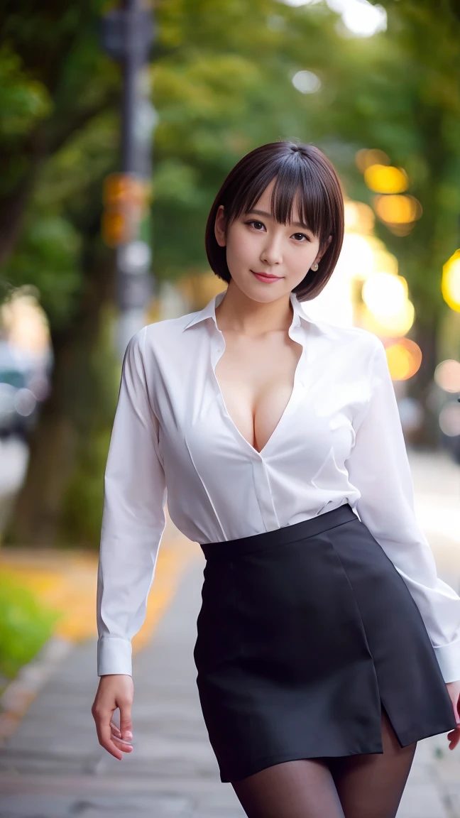 masutepiece, Best Quality, Photorealsitic, finely detail, hight resolution,beautiful japanese woman,beautiful detailed eyes, beautiful detailed lips, extremely detailed face, small head, small areola, cinematic lighting, photorealistic, 8k, high quality, hyper detailed, look at me,smile,(dress shirt),( pencil skirt:1.2),(short hair:1.2),(random outside location),(medium breasts:1.2),(portrait:1.3),slender,beautifull legs,(cleavage:1.3),(sexy posing),mini skirt, (bokeh:1.3) (black pantyhose:1.2),riho yoshioka