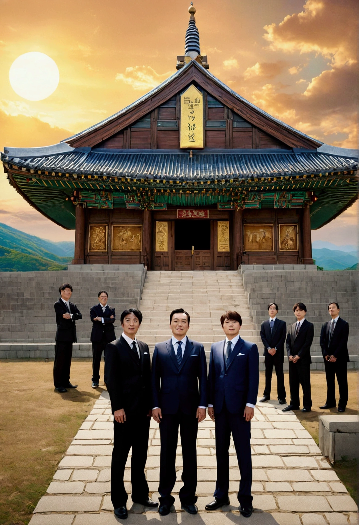 seven korean pastors in suits standing in front of a the tabernacle temple in gwacheon, church of the seven stars , background artwork, palace background, church background, style of madhouse anime, in the anime film, tabernacle temple , style of leonardo da vinci painting, in japanese painting style, standing near a castle, castle background, in style of creation of adam