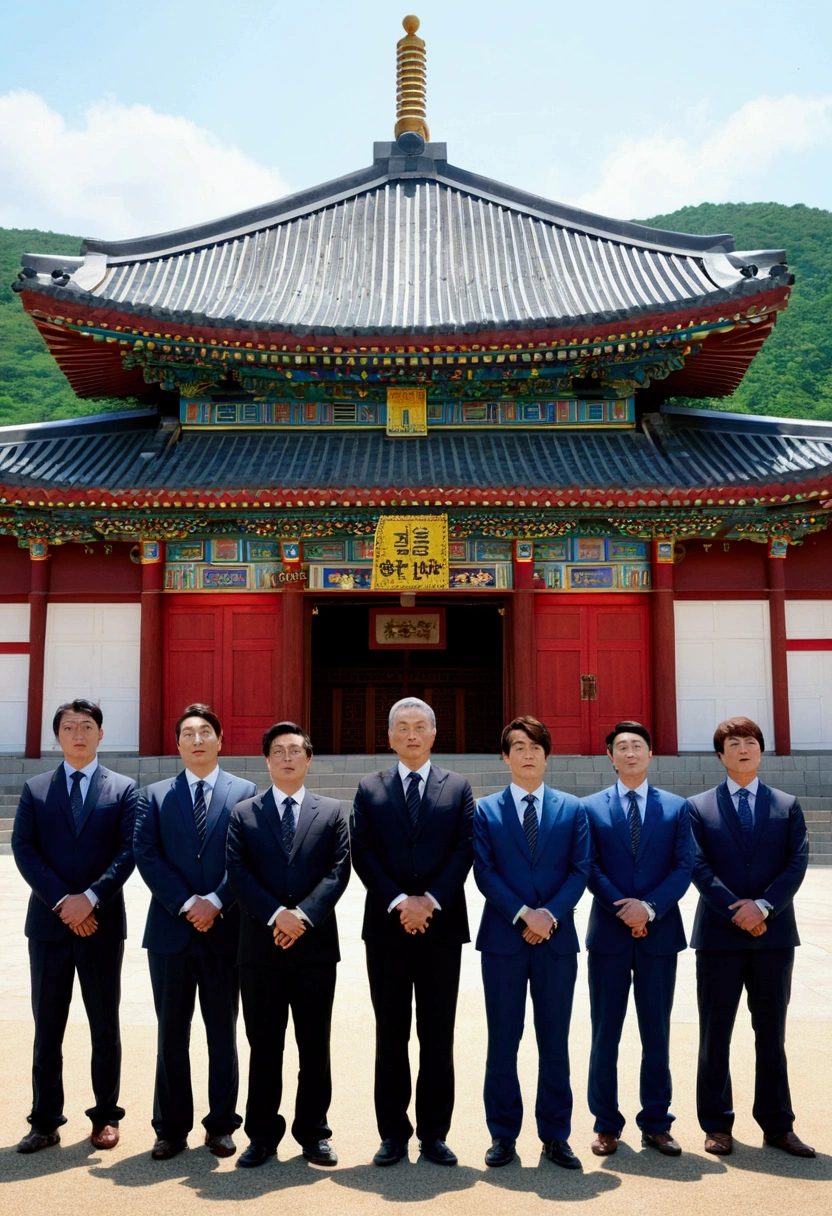 seven korean pastors in suits standing in front of a the tabernacle temple in gwacheon, church of the seven stars , background artwork, palace background, church background, style of madhouse anime, in the anime film, tabernacle temple , style of leonardo da vinci painting, in japanese painting style, standing near a castle, castle background, in style of creation of adam