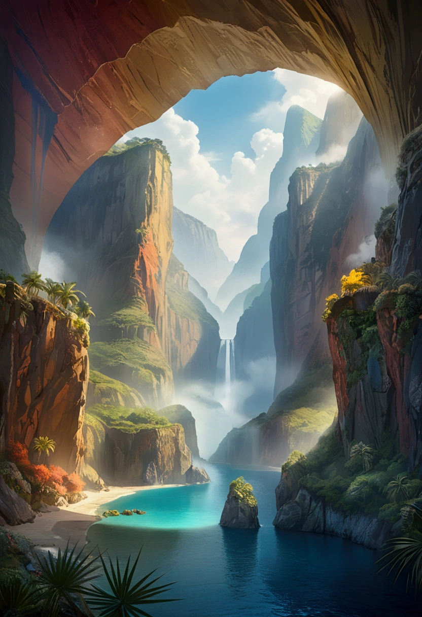 (Mysterious Island), in Cascading Canyons, nestled in a colorful hidden nook between the sheer, multi-colored cliffs, colorful the misty wind creating an ethereal background, award-winning, cinematic still, emotional, vignette, dynamic, vivid, (masterpiece, best quality, Professional, perfect composition, very aesthetic, absurdres, ultra-detailed, intricate details:1.3)