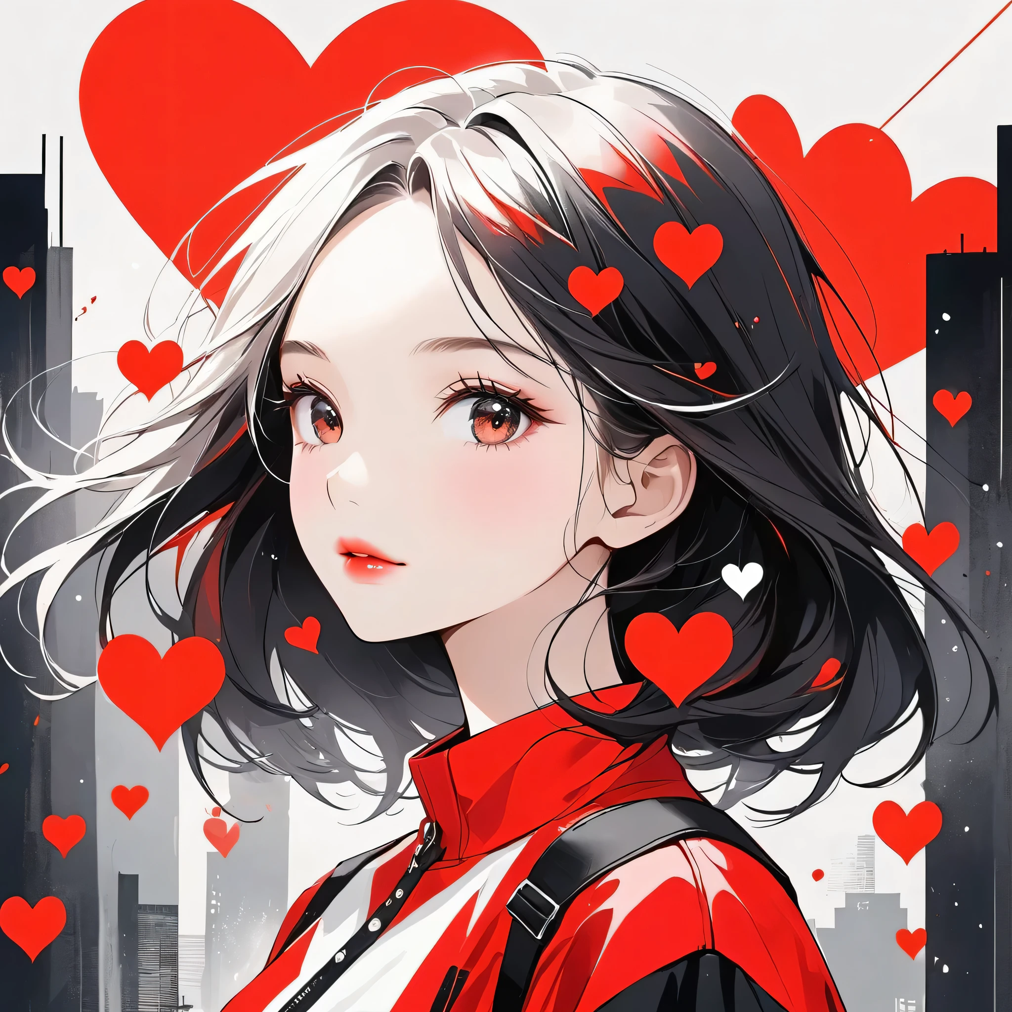 Black Star Red and White style, Simple Line Initialism,Abstract art,Urban Background, (((The most beautiful girl of all time))), Sweet face. Lips in love, colorful hearts, stylish design