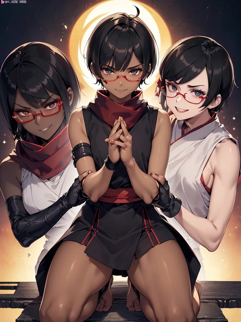 (flat chest), (masterpiece:1.2), highest quality, High resolution, unity 8k wallpaper, (fine and beautiful eyes:1.6), highly detailed face, perfect lighting, Detailed CG, (perfect hands, perfect anatomy), (1 boy solo:1.4), 20 years old,( black hair:1.3), extremely beautiful detailfeminine face and eyes, (evil smile:1.4), detailed eyes, best quality,( dark skin:1.8),   extremely detailed, very precise detailed,(glasses:1.3), blunt bangs, open mouth, (very short pixie cut:1.2), (geta:1.2),(fingerless gloves:1.5), smile, half closed eyes,long sidelocks,(long red Scarf:1.3),(sleeveless yukata),(on one knee:1.5) ,(own hands clasped:1.8), (spread legs:1.2),(kuji-in:1.5),
