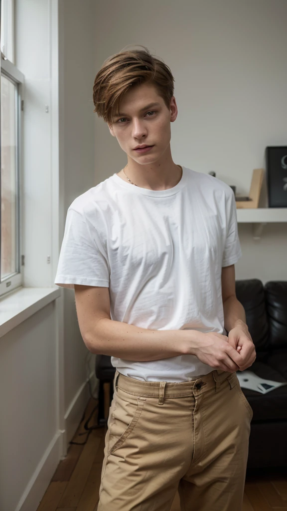 Janis Ancens, preppy haircut, classic pants, light t-shirt and pants, holding camera in the hands, taking photo on th camera, full view