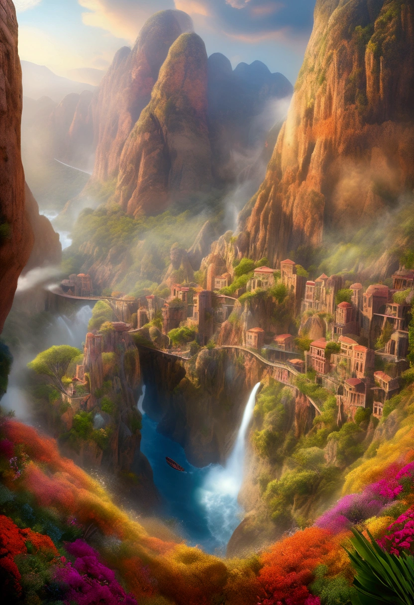 (Mysterious Island), in Cascading Canyons, nestled in a colorful hidden nook between the sheer, multi-colored cliffs, colorful the misty wind creating an ethereal background, award-winning, cinematic still, emotional, vignette, dynamic, vivid, (masterpiece, best quality, Professional, perfect composition, very aesthetic, absurdres, ultra-detailed, intricate details:1.3)