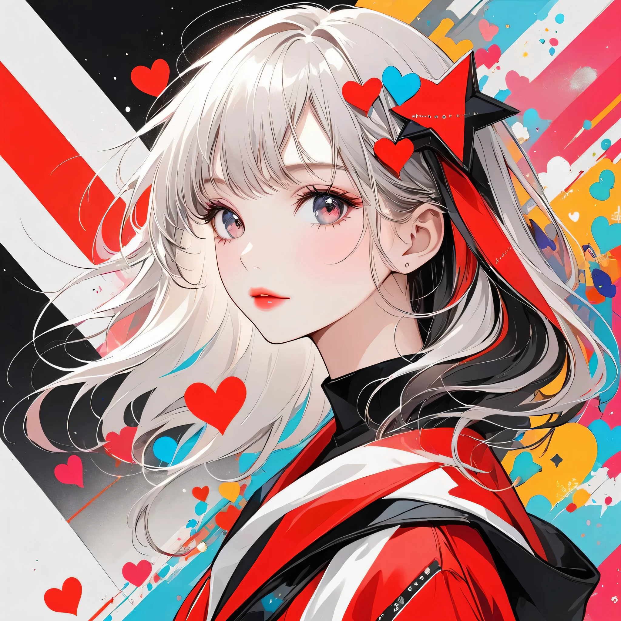 Black Star Red and White style, Simple Line Initialism,Abstract art,Urban Background, (((The most beautiful girl of all time))), Sweet face. Lips in love, colorful hearts, stylish design