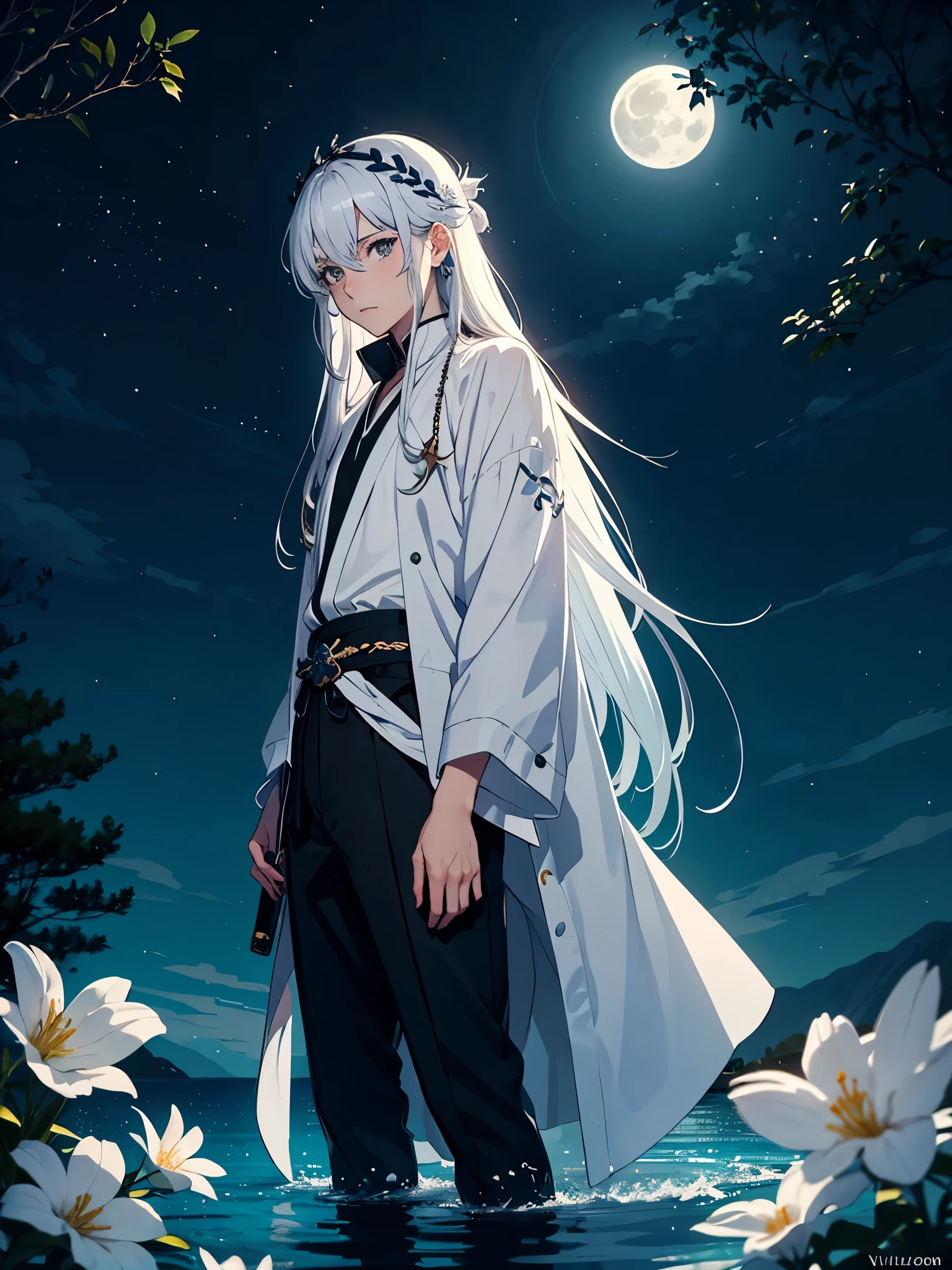 Mit Katana. Engel. Viele weoße vögel. More anime. light blue light. Bright bright light. magical. Moon. White flowers. male. Long hair. long white hair. aquatic, boy, God of the Moon, silver hair accessories, White hair. 