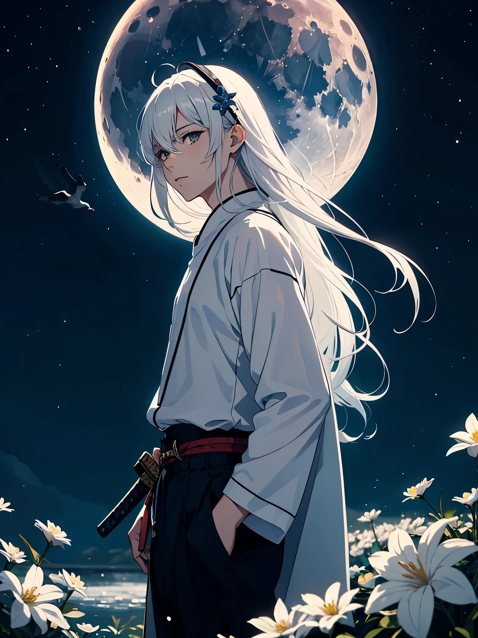 Mit Katana. Engel. Viele weoße vögel. More anime. light blue light. Bright bright light. magical. Moon. White flowers. male. Long hair. long white hair. aquatic, boy, God of the Moon, silver hair accessories, White hair. 