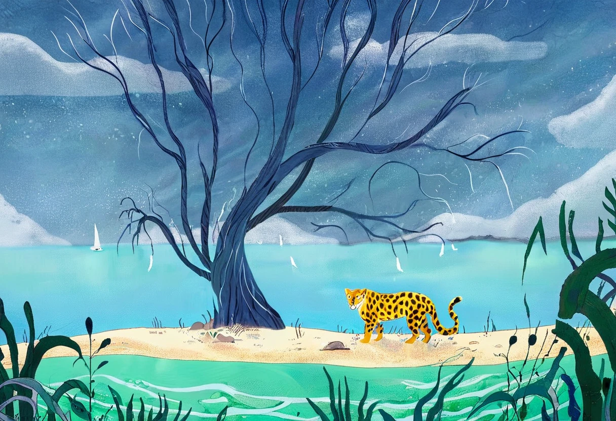 movie「The Island of Dr. Moreau」の最終ショットの非常に詳細でmovieのような写実的なシーン。deep blue々Leaf、Twisted Mangrove Tree、Dark sky with storm clouds、A secluded beach with crashing waves、A lone figure and a human-leopard hybrid standing in an eerie environment_Beautiful beastman、An atmosphere of mystery and anxiety、Super detailed、8k、Hyperrealistic、masterpiece、Complex lighting and shadows、Calm colors、Feelings of isolation and anxiety、J_drawing、Children's Illustration Style、