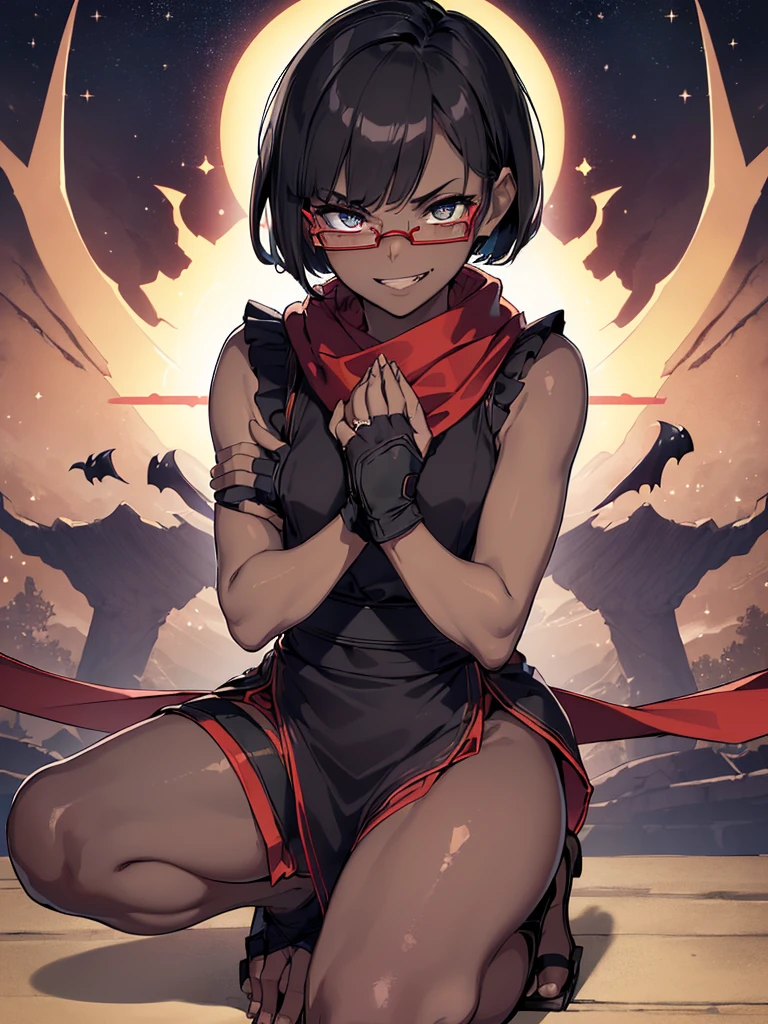 (flat chest), (masterpiece:1.2), highest quality, High resolution, unity 8k wallpaper, (fine and beautiful eyes:1.6), highly detailed face, perfect lighting, Detailed CG, (perfect hands, perfect anatomy), (1 boy solo:1.4), 20 years old,( black hair:1.3), extremely beautiful detailfeminine face and eyes, (evil smile:1.4), detailed eyes, best quality,( dark skin:1.8), extremely detailed, very precise detailed,(glasses:1.3), blunt bangs, open mouth, (very short pixie cut:1.2), (geta:1.2),(fingerless gloves:1.5), smile, half closed eyes,long sidelocks,(long red Scarf:1.3),(sleeveless yukata),(on one knee:1.5) ,(own hands clasped:1.8), (spread legs:1.2),(kuji-in:1.5),