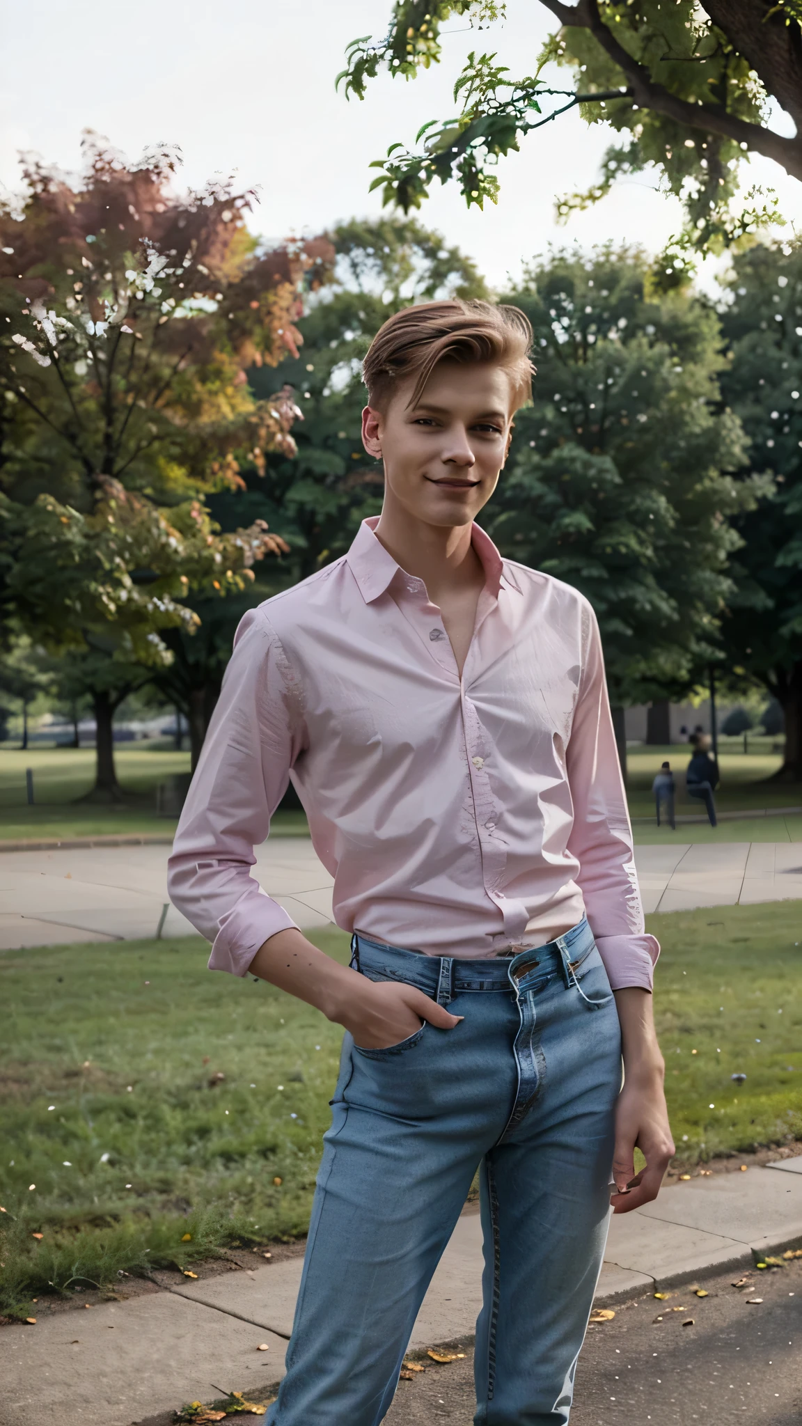 Janis Ancens, preppy haircut, light pink shirt and purple jeans, posing in the park, full view, smile