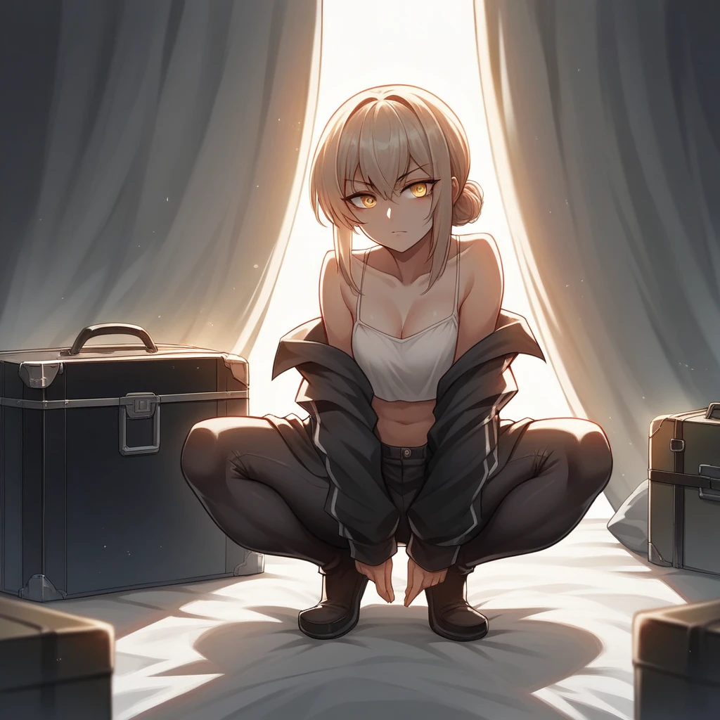 anime girl sitting on a bed with a suitcase in the background, the anime girl is crouching, female protagonist 👀 :8, beautiful anime girl squatting, from girls frontline, seductive anime girl, female anime character, anime. soft lighting, 4k anime wallpaper, guweiz on pixiv artstation, badass anime 8 k, rin