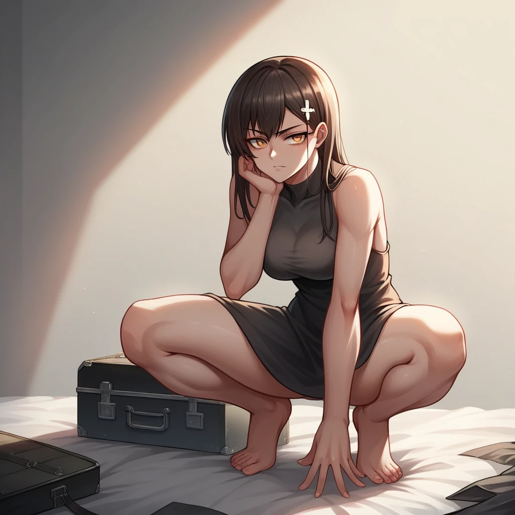 anime girl sitting on a bed with a suitcase in the background, the anime girl is crouching, female protagonist 👀 :8, beautiful anime girl squatting, from girls frontline, seductive anime girl, female anime character, anime. soft lighting, 4k anime wallpaper, guweiz on pixiv artstation, badass anime 8 k, rin