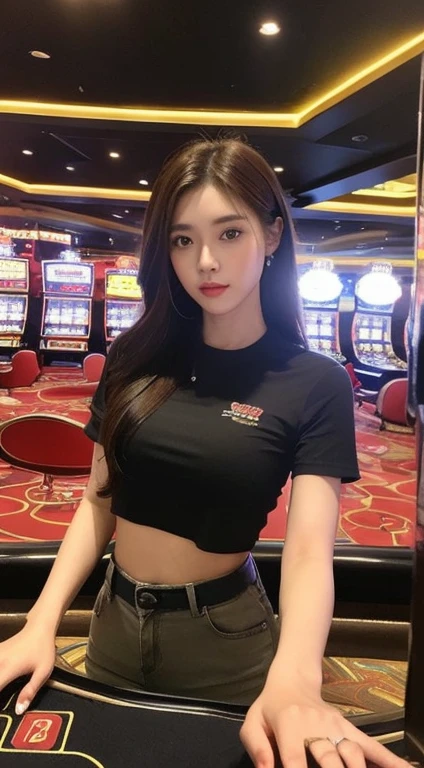 (realistic light, best quality, 8k, Masterpiece: 1.3)), Point of interest: 1.2, 1 girl, perfect beauty: 1.4, Slim stomach: 1.1, ((dark brown hair)), (Black cropped shirt: 1.4), (outdoor, nighttime: 1.1), china town road, Very smooth face, good eyes, Double eyelids, white shorts, big breasts,(random background,In casinos,VIP casino room, Modern Casino Console, Modern Slot Machines )