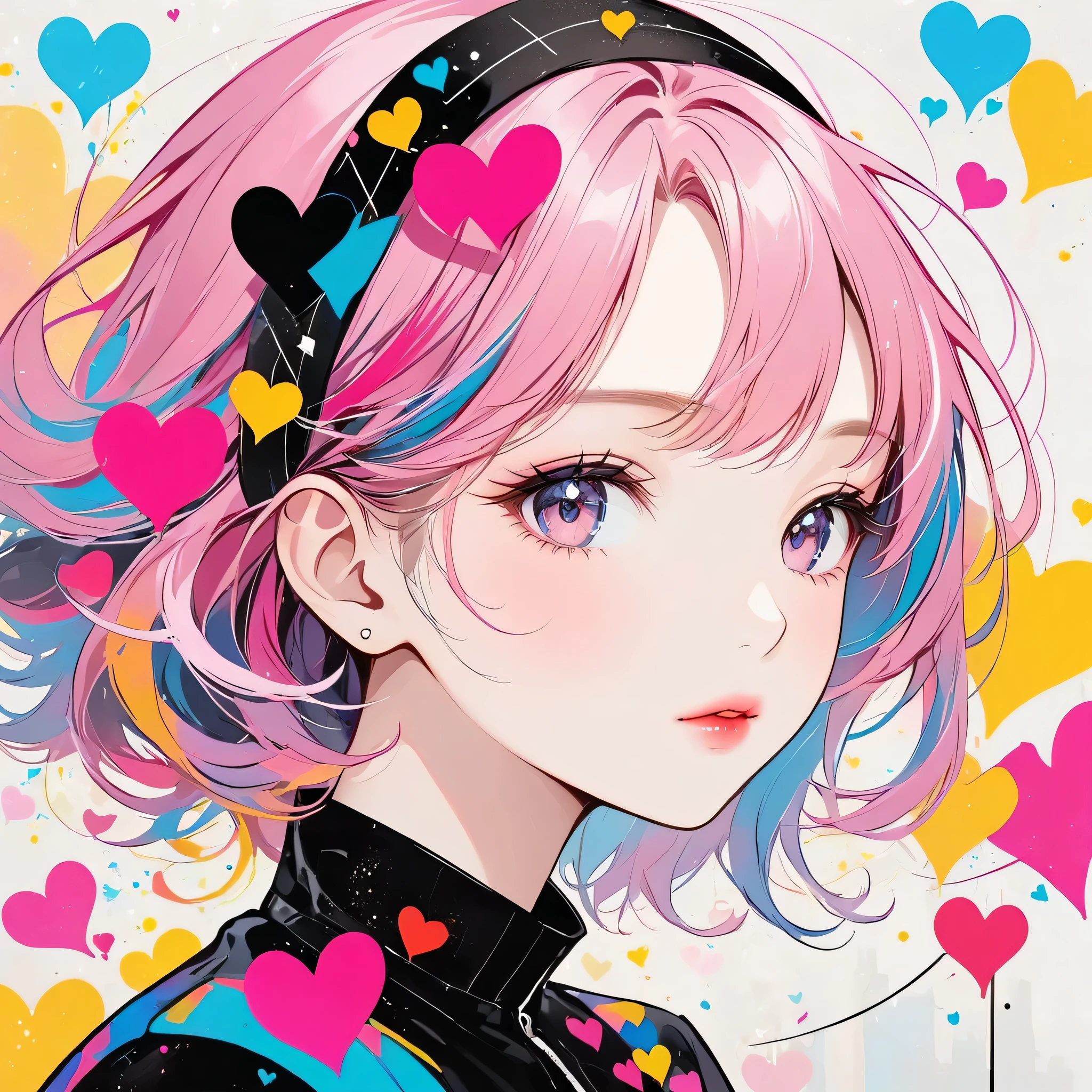 Black Star Pink and White style, Simple Line Initialism，Abstract art，Urban Background, (((The most beautiful girl of all time))), Sweet face. Lips in love, colorful hearts, stylish design