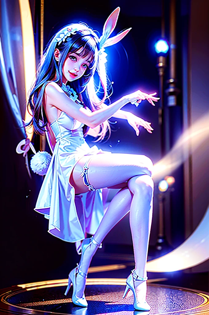 ((highest quality, 8K, masterpece :1.4)), highest real,Sharpness:1.3, Perfect Body Beauty:1.4,(pureerosface_v1:0.008), ((super real,best quality)),(soft lighting),super detailed face,top-quality,Detailed cute and beautiful face,facial hairs,Bangs that extend to the face,Bangs between the eyes,eye liner,Lush bust,fine eyes, (In-focus image,no blur)),(((alone girl))), (cute face:1.6), my sister,18years old,(huge breasts:1.8,beautiful areola,small areola),----((NSFW:1.4))----------((make eye contact with the audience)),((Composition from the avobe:1.2)),-----(Inside the CASINO, bright room, Marble floors, Chandelier and mirror ball),(Beautiful BROWN hair:1.2, long Hair:1.2,CUTE HAIR STYLE),-----(SMILE FACE:1.6,Delighted expression:1.4, happy expression:1.4),-----((standing,leaning forward:1.3,place both hands on breasts,dynamic pose:1.5)),(PLAYBOY BUNNY,BLACK AND WHITE dress)),((Simple dress、White rabbit ears、White tights、Rabbit tail))