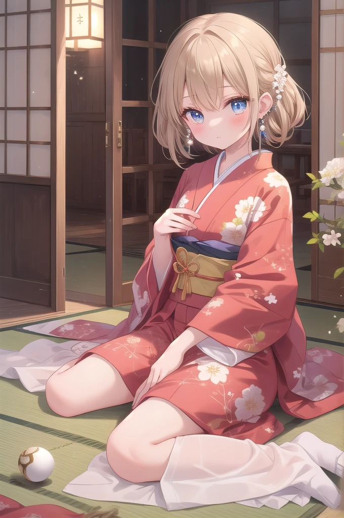 (masterpiece, best quality:1.3), 1 girl, solo, teenager,(top quality eyes:1.3),A  with dark blonde hair is sitting in a traditional Japanese room at home, seated in a "wariza" pose. Behind her, beautiful shoji screens add to the serene ambiance. Her eyes are a deep blue, and small pearl earrings glisten on her ears. She has a calm expression, relaxing