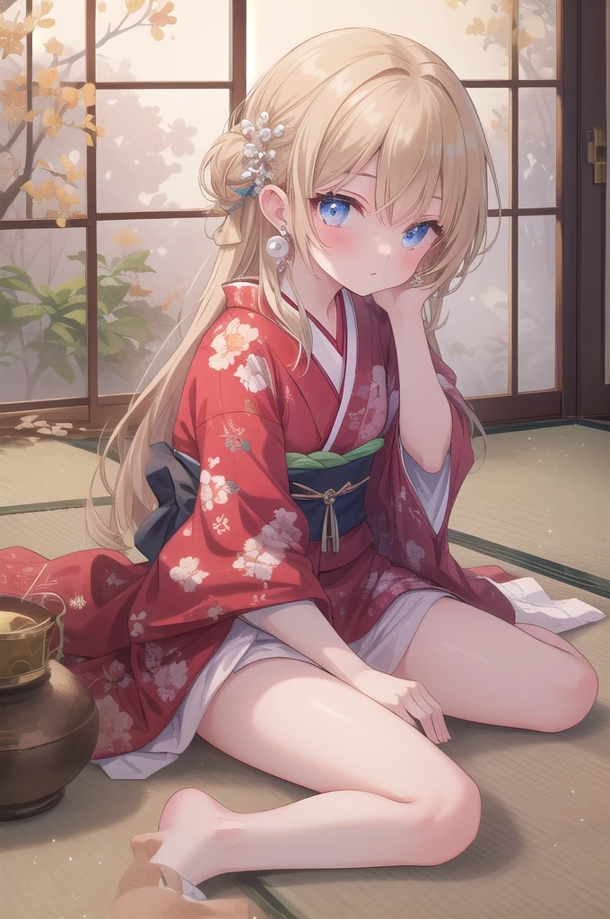 masterpiece, best quality, one girl, solo, kimono, hair flowers, floral, , sitting, hands on their knees, blonde, red eyes