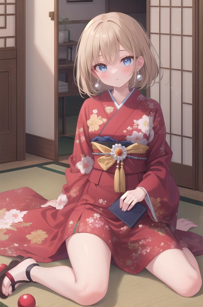 (masterpiece, best quality:1.3), 1 girl, solo, teenager,(top quality eyes:1.3),A -yeld giwith dark blonde hair is sitting in a traditional Japanese room at home, seated in a "wariza" pose. Behind her, beautiful shoji screens add to the serene ambiance. Her eyes are a deep blue, and small pearl earrings glisten on her ears. She has a calm expression, relaxing