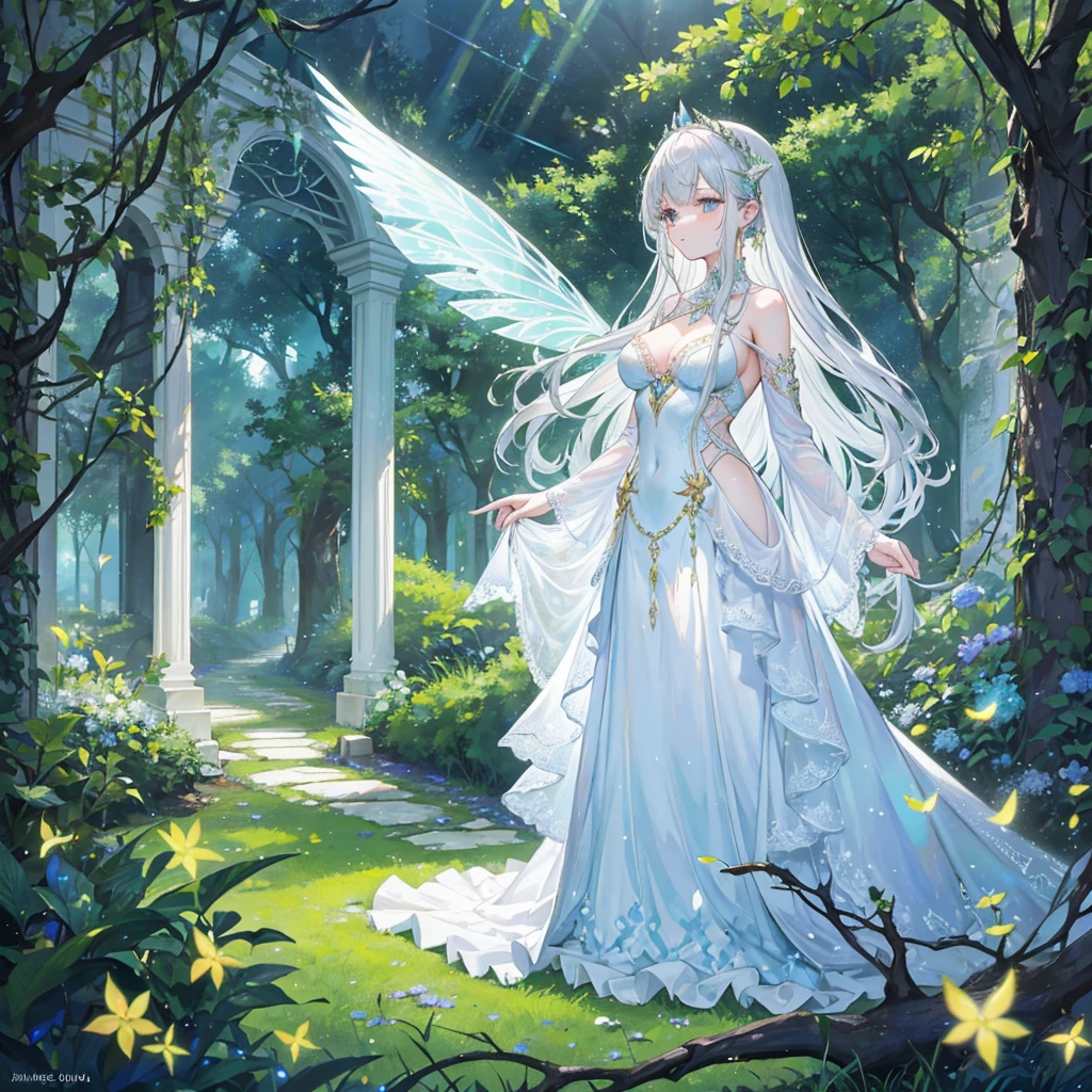 A mesmerizing scene featuring a fairy-like young woman standing in an enchanted garden. She has long, flowing silver hair and translucent wings that sparkle with light. Her attire is a delicate, shimmering dress made of intricate, crystal-like patterns that reflect the light around her. The background showcases an arched structure with beams of light shining through, illuminating the garden filled with lush greenery and blooming flowers. The ground is wet, reflecting the surrounding light and adding to the magical ambiance of the scene. The overall atmosphere is serene and otherworldly, capturing the ethereal beauty of the fairy and her surroundings.