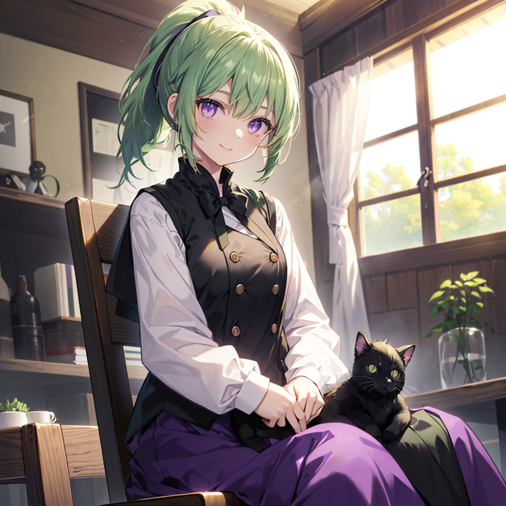 ((((woman、Sit on a chair、Black cat on lap)))) (((uniform Green Hair、ponytail Purple Eyes Inside the room))) ((Sunshine enters)) (smile) Shining Edge、Shining Background