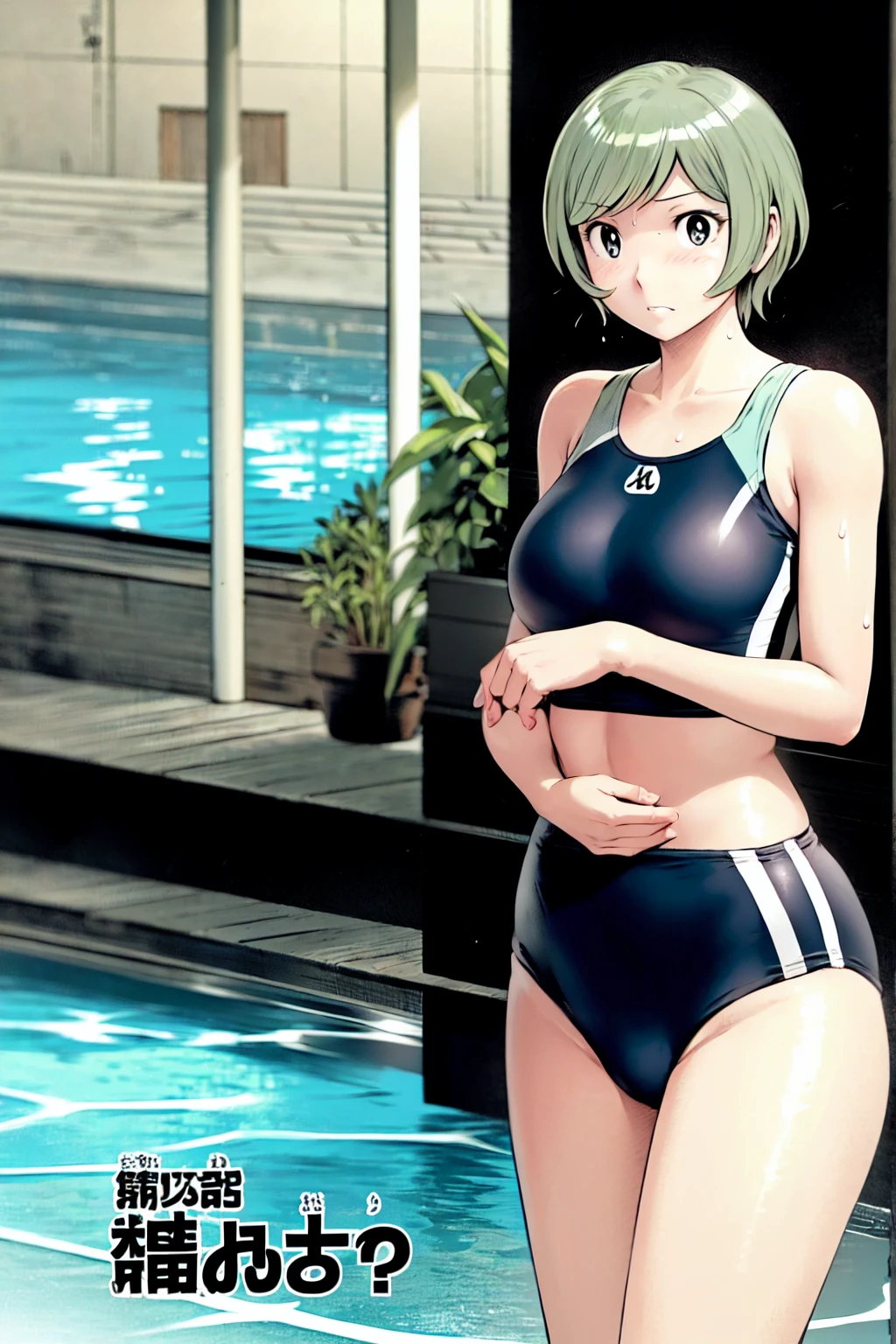 (best picture quality, 4K, high quality, masterpiece::1.2), ((masterpiece)), high detail, high quality, best picture quality, ((high quality, nsfw,  showing armpits, embarrassed, spread legs, squatting)), nsfw,  green hair, cute,  girl in a competition swimsuit with pantyhose at poolside in the indoor pool, full body, loli, shorheight, medium breasts, bokeh, DOF, Portrait, evil grin, open stance, (cute illustration:1.2), high-resolution, ultra-detailed, best-quality, bare-shoulder,