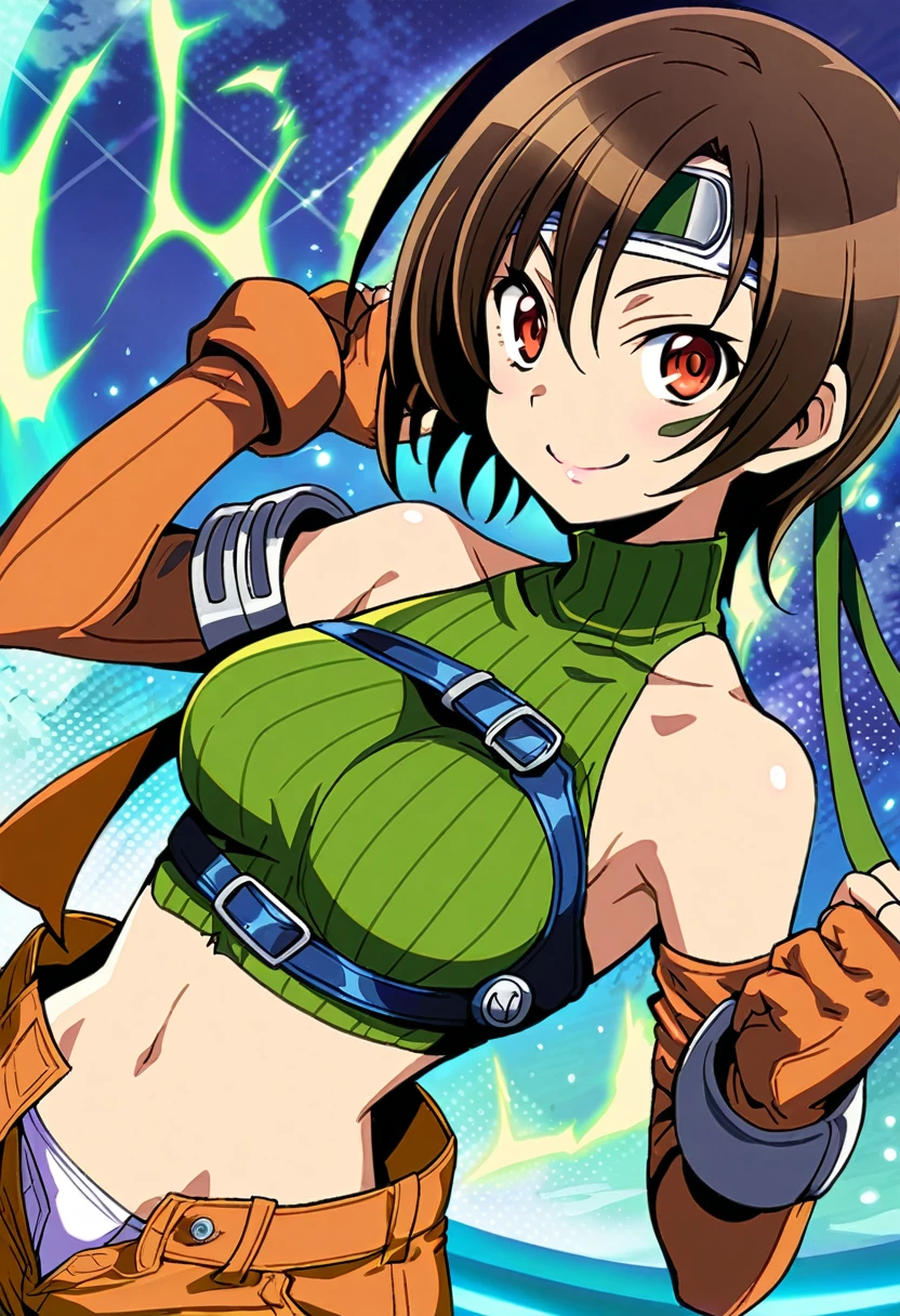 score_9, score_8_up, score_7_up,,BREAK source_anime, from front,front view,,.upperbody,,looking_at_viewer,1girl, yuffie kisaragi, final fantasy, short hair,headband,navel,sleeveless,turtleneck,brown eyes,sleeveless turtleneck,solo,breasts,looking at viewer,smile,gloves,crop top,brown hair,shorts,midriff,,sweater,open fly,fingerless gloves,ribbed sweater,medium breasts,,smile,smug,best quality,aesthetic,very aesthetic,masterpiece,(high-resolution), 