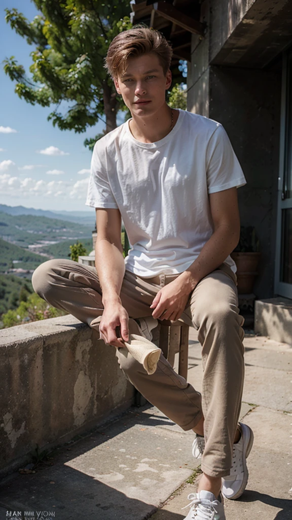 Janis Ancens, preppy haircut, classic pants, light t-shirt and pants, sitting on the mountain, smile full view