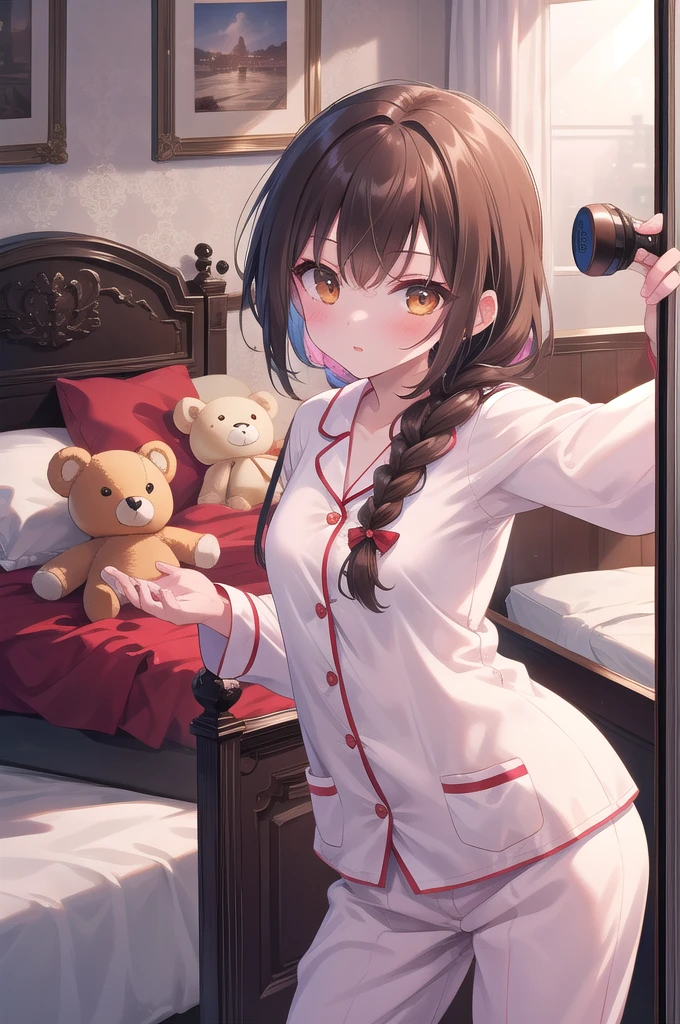 masterpiece, best quality, 1girl, solo, female focus, girls und panzer, shimada arisu, hair ribbon, (white pajamas:1.2), blush, holding teddy bear, sitting, cowboy shot, bed, bedroom furniture