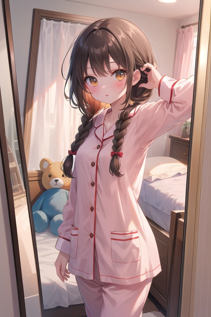 (8k, best quality, master piece: 1.2),super high resolution,1 girl, 独奏, cowboy shot ,ultra-detailed face, Selfie、Reflection in the mirror、pajamas、silk、Girly、Braid、Brown、Buckshot、Private room、bed、stuffed toy