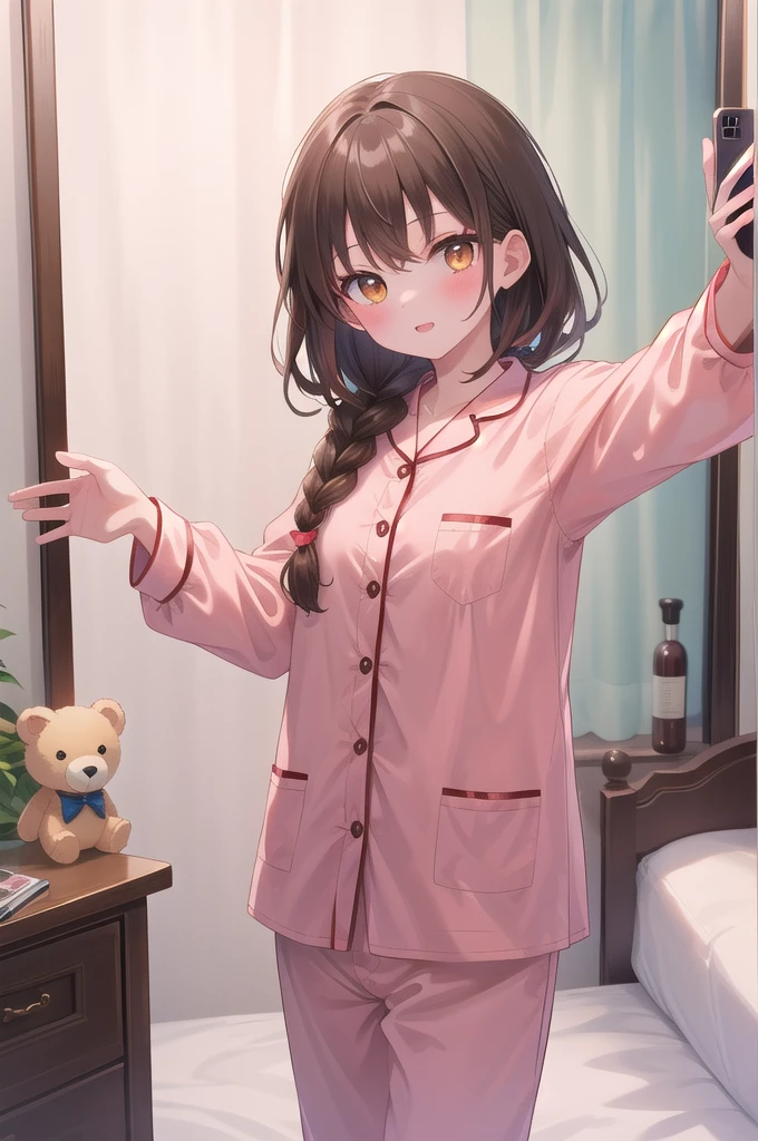 (8k, best quality, master piece: 1.2),super high resolution,1 girl, 独奏, cowboy shot ,ultra-detailed face, Selfie、Reflection in the mirror、pajamas、silk、Girly、Braid、Brown、Buckshot、Private room、bed、stuffed toy