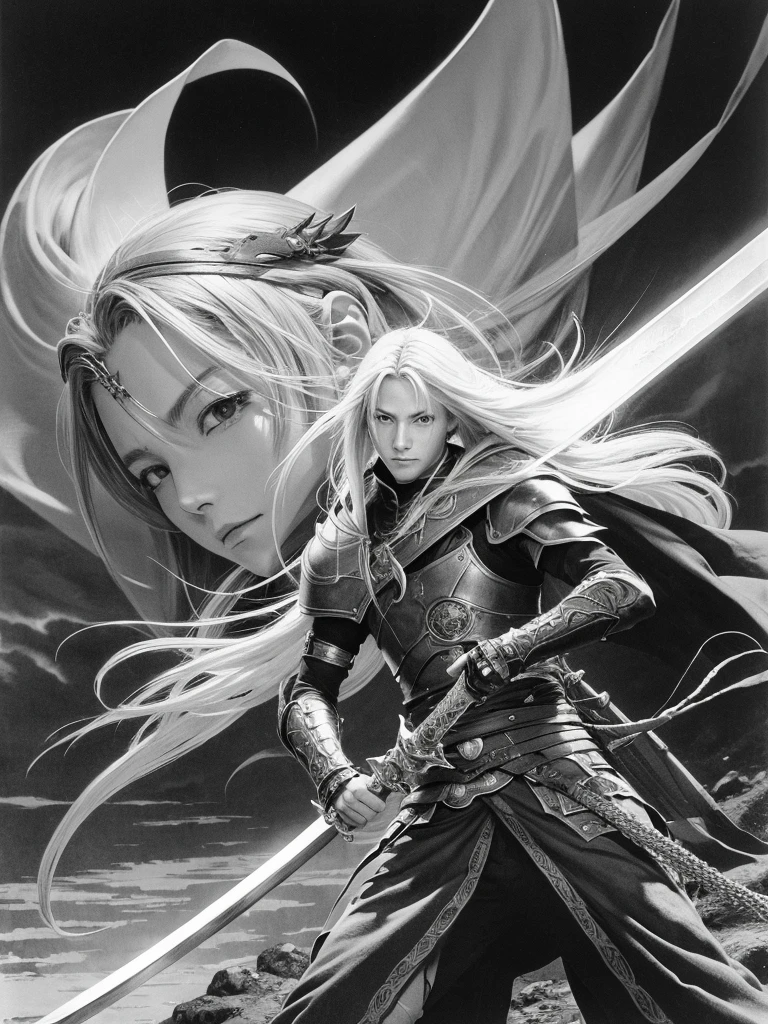 Drawn by famous Japanese illustrator Yoshitaka Amano, Elric, the protagonist of the Elric Saga by Michael Moorcock,Scene where he wields the great sword Stormbringer,Best Shot,Monochrome artistic illustration, A hyper-realistic,Illustration,High resolution,8k,Very detailed,Best Illustration,Best Quality,Ultra-detail,masterpiece,   