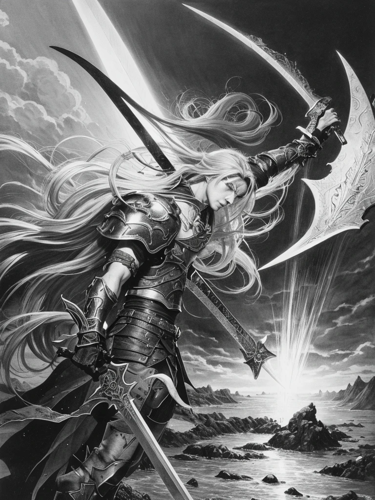 Drawn by famous Japanese illustrator Yoshitaka Amano, Elric, the protagonist of the Elric Saga by Michael Moorcock,Scene where he wields the great sword Stormbringer,Best Shot,Monochrome artistic illustration, A hyper-realistic,Illustration,High resolution,8k,Very detailed,Best Illustration,Best Quality,Ultra-detail,masterpiece,