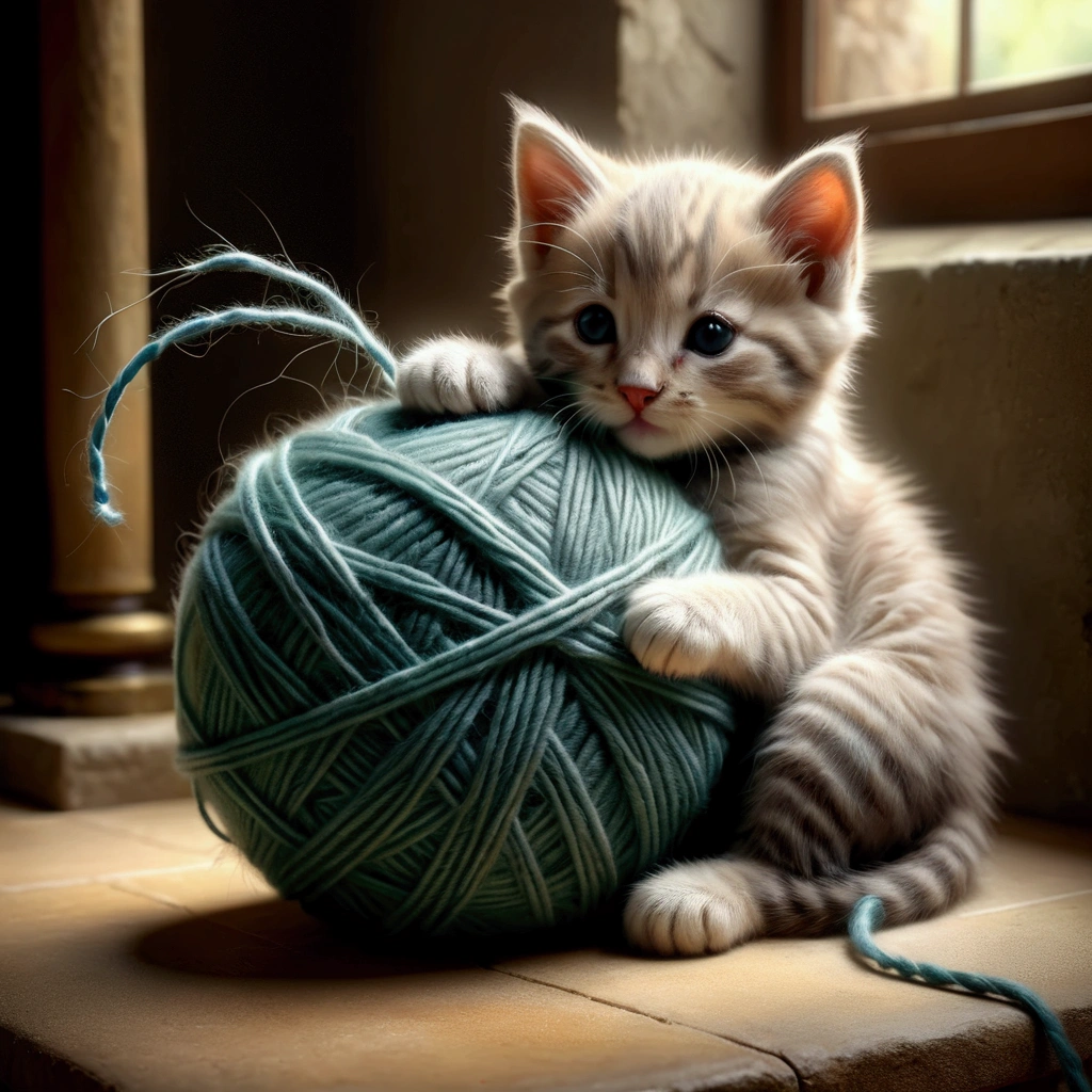 Cute kitten hugging a ball of yarn,photograph,The kitten is obsessed with balls of yarn,A dreamlike and lovely sight,Happiness,Fluffy cat,Fluffy ball of yarn, stone＝Art by Auguste Renoir and Jeremy Mann, (Viewpoint angle:1.2), Realistic, Ray Tracing, Beautiful lighting,masterpiece