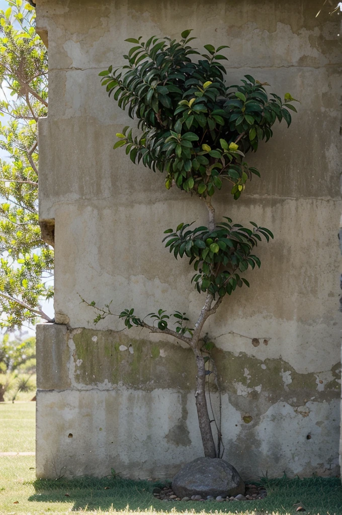 The short and fruitful avocado tree, surrounded by decorative short grass, has stones around it. 