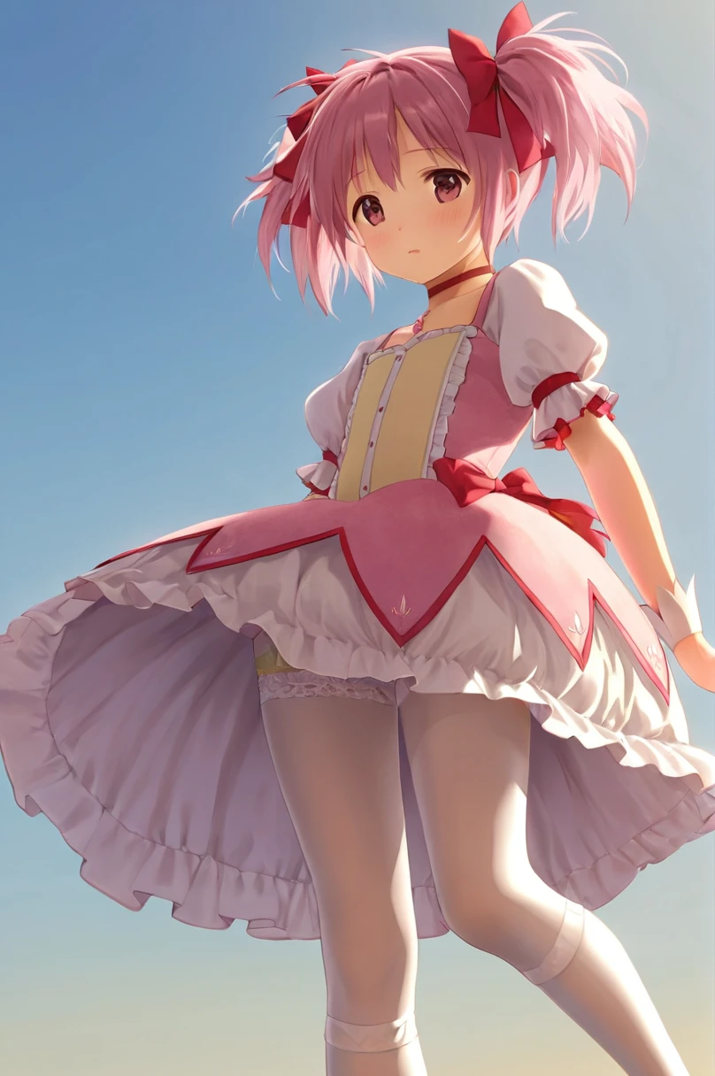 girl underwear,Madoka Kaname、Realistic bloomers made from patterned cotton fabric, Medieval one-piece dress with panniers, Fabric Realism, Low - Angle, I see bloomers, Pull up the dress by hand, Strong winds, Translucent slip, Translucent slip, tights, Highest quality, whole body