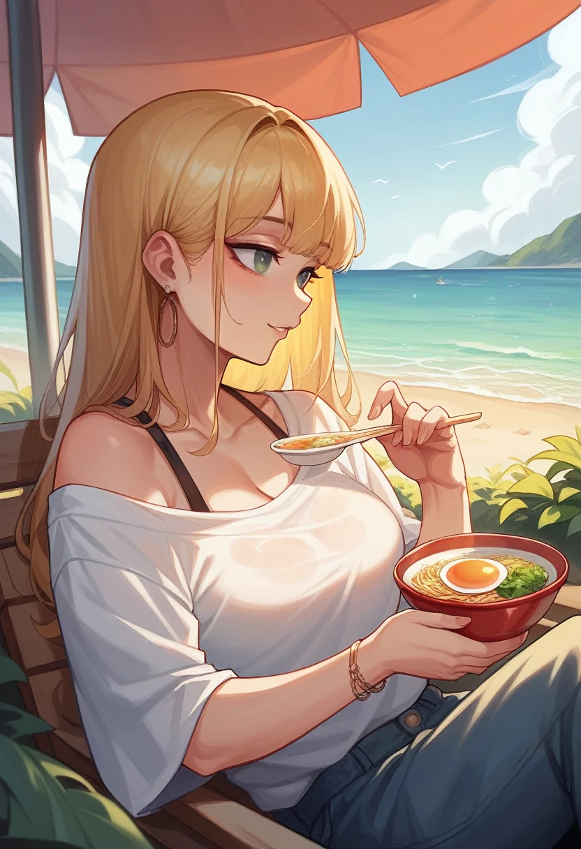Photo of a beautiful Korean kpop idol woman, summer, Threex, 80 mm、Ramen is delicious、seaside