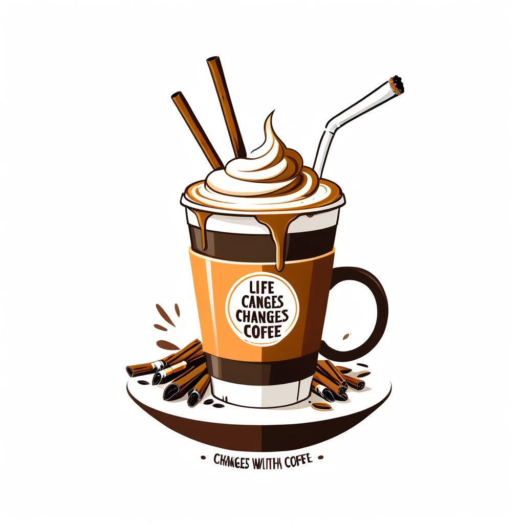A circle-shaped logo on a graphic typographic design coffee shop "Life changes with coffee". There are a few messy elements to express this quote . The font is in bold and Cafe&Bar SigaRetta
Mainly. The color turns dark brown, apricot, light brown. The elements are like coffee spills from coffee mugs, the cigarette s are down, the cocks are next to them, and the holidays are decreasing.
White background