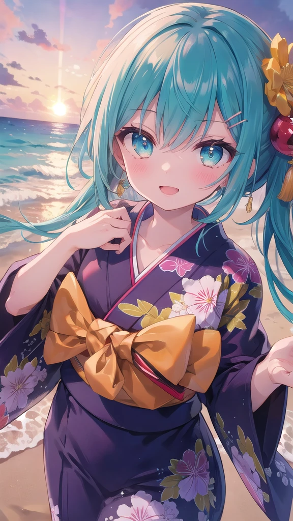 (8K, best quality, master piece: 1.2),super high resolution,1 girl, solo, cowboy shot ,ultra-detailed face, silme, Rainbow hair, thin hair clip, cyan colorshift eyes, expressive eyes, Ecstatic expression, Elegant kimono, silk, satin, red, gold, fan, Kanzashi hair ornament, Beach at sunset, orange, pink, purple, bright but with sunset shadows