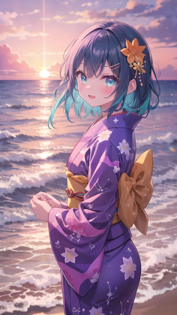 (8K, best quality, master piece: 1.2),super high resolution,1 girl, solo, cowboy shot ,ultra-detailed face, silme, Rainbow hair, thin hair clip, cyan colorshift eyes, expressive eyes, Ecstatic expression, Elegant kimono, silk, satin, red, gold, fan, Kanzashi hair ornament, Beach at sunset, orange, pink, purple, bright but with sunset shadows