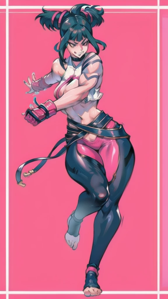 Full body image of Juri Han from Street Fighter 6, From head to toe, wearing her outfit from street fighter 6, female body, athletic body, dynamic pose, detailed pose, simple background, expressive face showing a mischievous grin, focus on face, line art, sketch.
