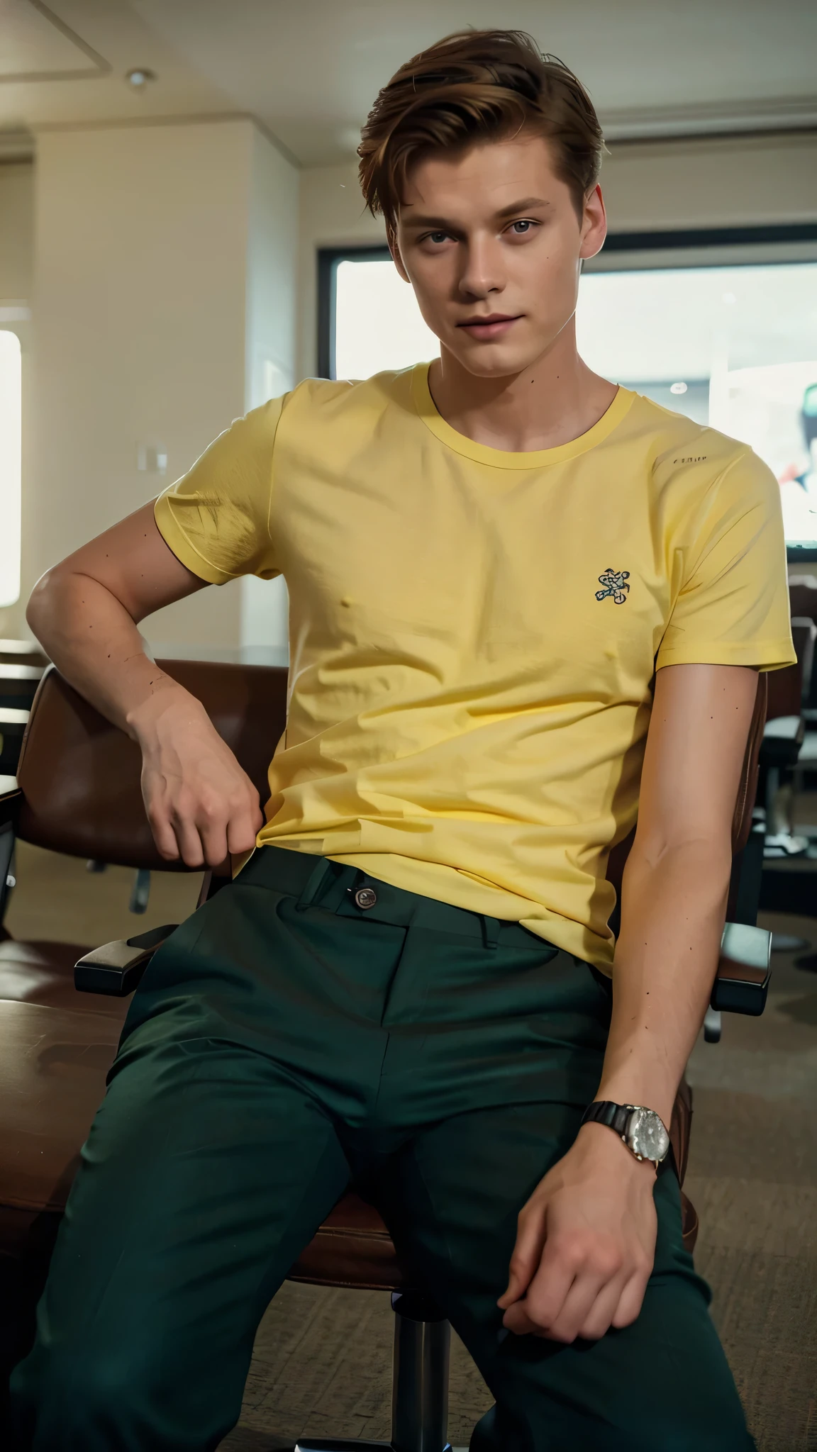 Janis Ancens, preppy haircut, classic pants, green t-shirt and yellow pants, elegant watch, smile, sitting in the cinema, full view